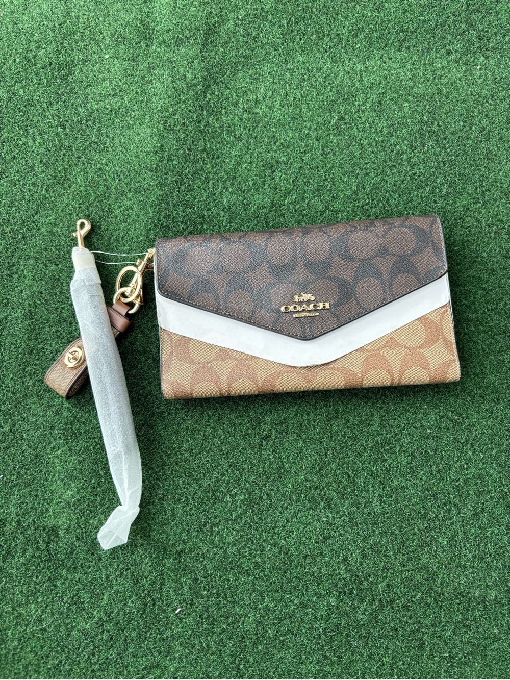 Coach Colorblock Signature Envelope Wristlet in Brown, Tan & White